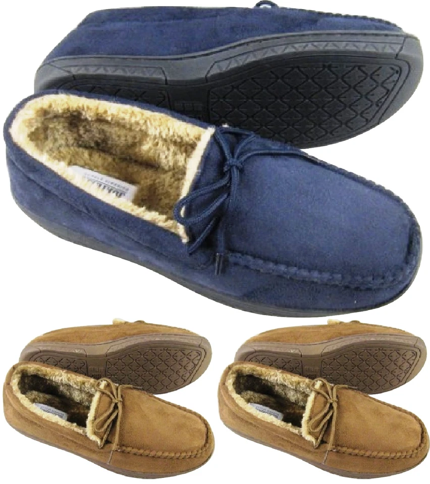 MENS MOCCASINS WARM FAUX SUEDE SHEEPSKIN FUR LINED WINTER LOAFERS SLIPPERS SIZE - Image 1 of 1