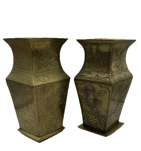 2 chinesische massive Messing Diamantform Vasen graviert geätzt Hirsch & Blumenmuster - Bild 1 von 18