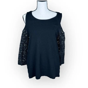 Black Stretchy Cold Shoulder Lace Sleeve Top Size M Sweater Knit Tunic Roz & Ali - Picture 1 of 9