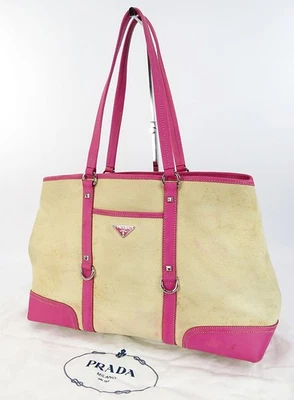 Auth PRADA Beige Canvas and Pink Leather Tote Shoulder Bag Purse #61969 - Image 1 of 4