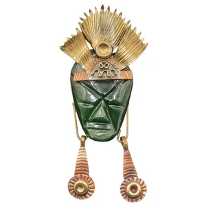 Azteken Gesicht Anhänger Kunstjade (Acryl oder Harz) Mexiko Messing Kupfer groß - Bild 1 von 5
