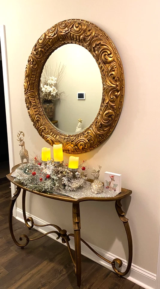 "Consola de hierro decorativa 50"" mesa tapa de vidrio tono bronce con espejo redondo de 40""" Foto 1 de 4