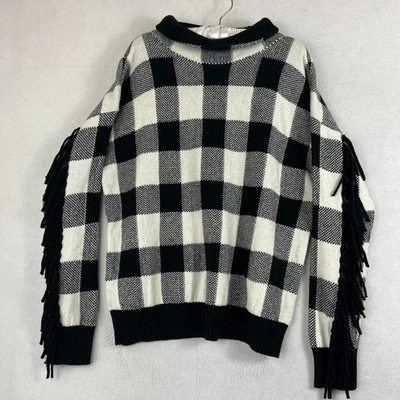 Suéter Ralph Lauren Para Mujer L Lana Blanco y Negro A Cuadros Con Flecos Búfalo  Foto 1 de 4