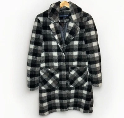 Abrigo chaqueta a cuadros French Connection para mujer pequeño Sherpa Buffalo negro blanco Foto 1 de 4