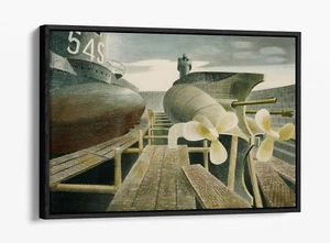ERIC RAVILIOUS, SUBMARINES IN DOCK -FLOAT EFFECT CANVAS WALL ART PIC PRINT- GREY - Picture 1 of 12