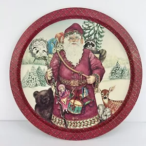 Vintage Round Christmas Tin Tray Santa W/ Woodland Animals - Picture 1 of 4