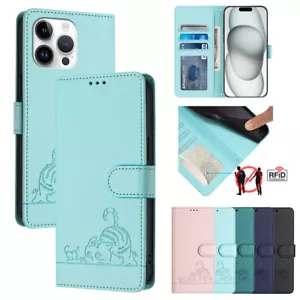 For iPhone 15 14 Pro Max 14 11 XS Cat Pattern Leather Magnetic Wallet Case Cover - Picture 1 of 96