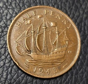 1943 Great Britain Half Penny Coin - Picture 1 of 2