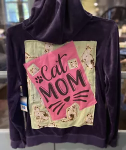 Upcycled Women’s Reworked Track Jacket sz M Purple Velour Zip CAT MOM - Picture 1 of 12