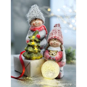 2er-Set Winterkinder Lina & Mats Deko Figuren mit LED-Effekt je ca. 16 cm hoch - Bild 1 von 2