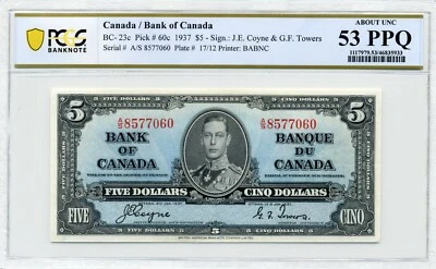 1937 $5 Bank of Canada - About Uncirculated, BC-23c, PCGS AU53 PPQ - Image 1 of 2