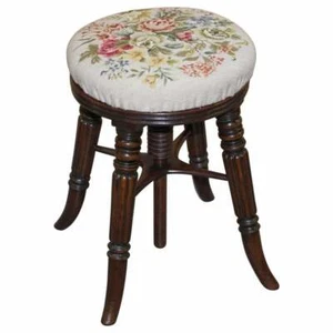 FINE ANTIQUE GILLOWS OF LANCASTER HEIGHT ADJUSTABLE PIANO STOOL EMBROIDERED SEAT - Picture 1 of 12