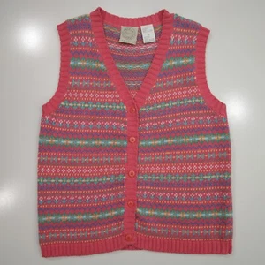Vintage Erika Classics Women Small Sweater Vest Nordic Fair Isle Pink Button Up - Picture 1 of 10
