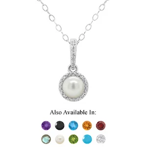 Sterling Silver 6mm Round Natural Pearl Diamond Accent Halo Pendant Necklace - Picture 1 of 4