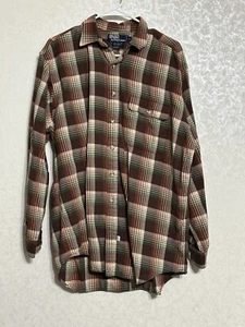 Vintage Polo Ralph Lauren Knopfleiste braun kariert Hemd Baumwolle Wollmischung Herren L - Bild 1 von 4
