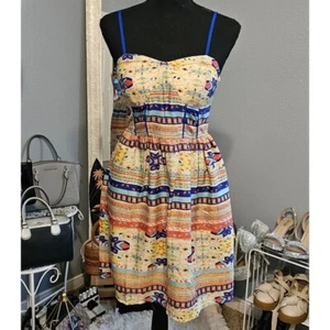 Women’s Retro Boho Hippie Geometric Print Corset Fit & Flare Mini Dress, Size M - Picture 1 of 3
