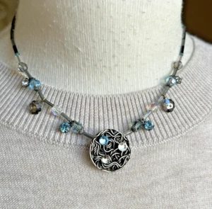 Coeur de Lion Necklace Delicate Sparkling Crystal Beads Blue Silver 16-17” Wire - Picture 1 of 23