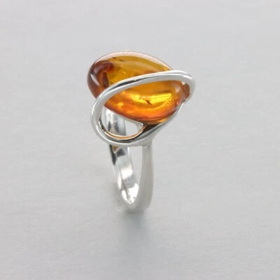 Anillo Remolino Ovalado Coñac/Marrón Ámbar Báltico - PLATA ESTERLINA 925 - Polonia #57e Foto 1 de 4