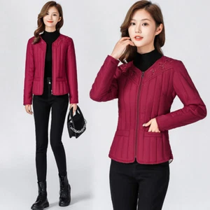 Lady Fleece Lined Coat Cotton Padded Jacket Warmer Plush Quilted Outwear Classic - Picture 1 of 18