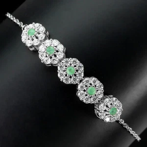 925 Sterling Silver Bracelet Round Emerald Natural Gemstone Jewelry - Picture 1 of 9