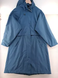 Vtg LL Bean Trench Coat Womens Medium Blue Hooded Rain Jacket Long OHN93 - Picture 1 of 13