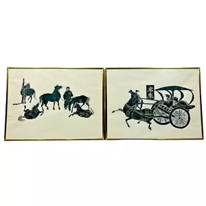 Vintage chinesische schwarze Tinte auf Reispapier gerahmte Kunst Menge 2 Pferdekutsche Männer - Bild 1 von 24