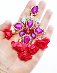 CLIP ON Earrings Rhinestone Crystal Oversized Red Rose Drop Chandelier 4.7 in - Picture 1 of 12