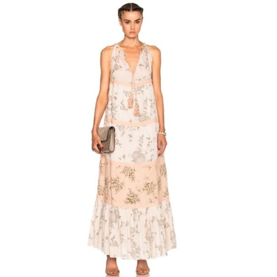 Maxi Vestido Ulla Johnson Goa En Niveles Largo Rosa Crema Natural Talla 12 Cottage Foto 1 de 4