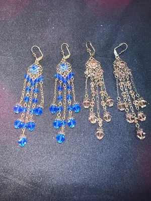 D771) LOT 2 VINTAGE COSTUME JEWELRY SWAROVSKI CRYSTALS BRONZE BLUE EARRING PIERC - Image 1 of 4