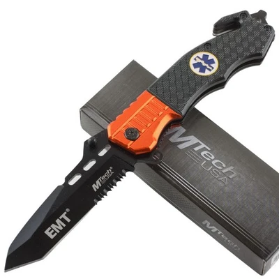 MTech Rescue Orange EMT Linerlock Pocket Knife MT740EM Serrated Glass Breaker - Image 1 of 2