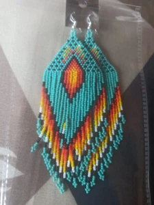 Tribal Earrings Native Large Boho American Seed Beads Handmade Earring - Picture 1 of 2