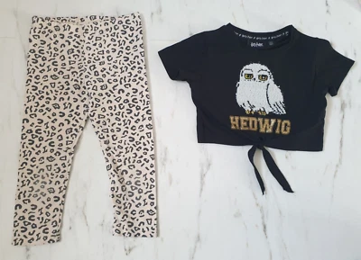 Girls Primark Hedwig Harry Potter black t-shirt top & leggings set age 7-8 years - Image 1 of 4