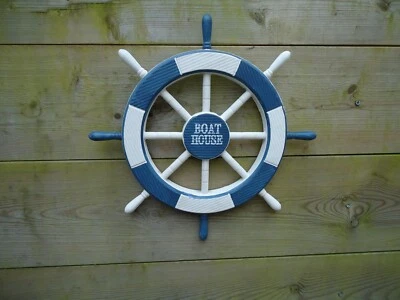 Ships Wheel Boat House Blue & White /Nautical Beach Seaside Boat Sea Garden Home - Image 1 of 4