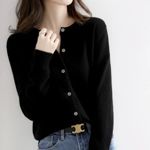 Women's Cashmere Blend Cardigan Solid Color Sweater Simple Crew Neck Jacket Coat - Picture 1 of 20