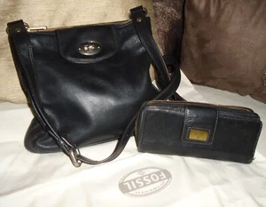 SET 2 FOSSIL SCHWARZ LEDER CROSSBODY SCHULTERTASCHE & UMLAUFENDER REISSVERSCHLUSS GELDBÖRSE & STAUBBEUTEL - Bild 1 von 18