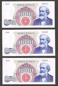 1964 ITALY 1000 LIRE ~ P-96b ~ ONE NOTE OF 3 CONSECUTIVE GEM CRISP UNCIRCULATED - Picture 1 of 2
