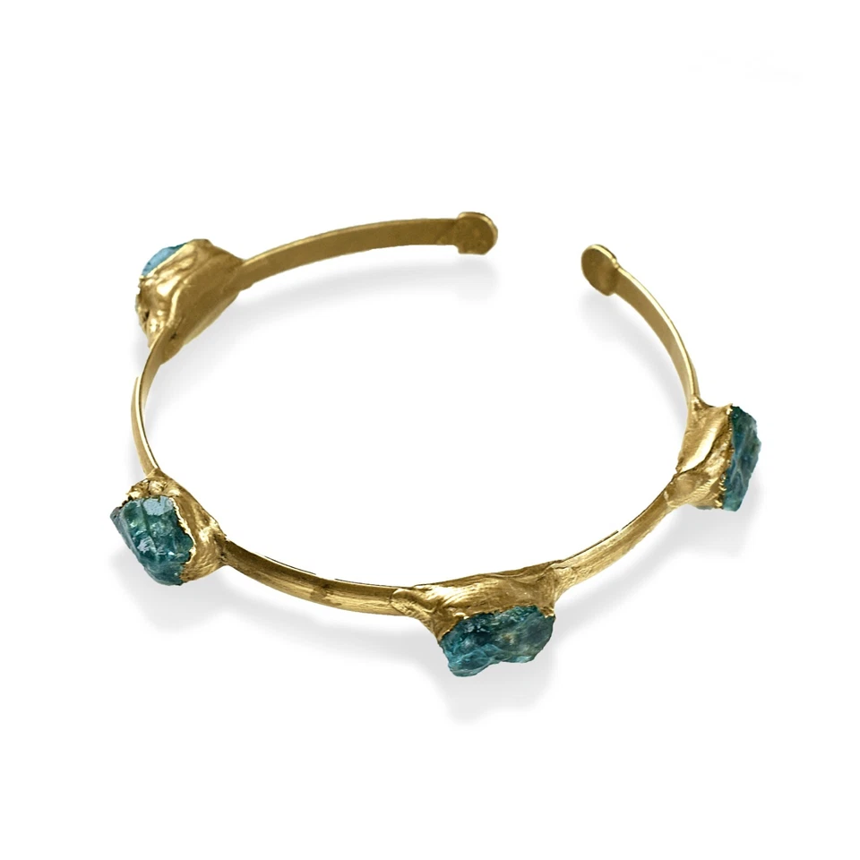 Модная бижутерия браслет-манжета ручной работы позолоченный натуральный необработанный драгоценный камень апатит - Изображение 1 из 4