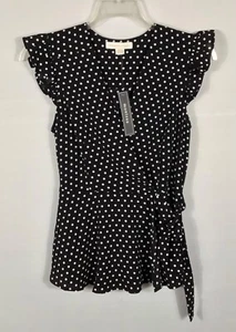 Monteau Los Angeles Blouse Womens M Black White Dot Ruffle Tie Front V-Neck NWT - Picture 1 of 8