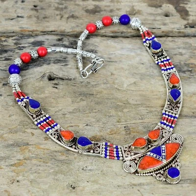 Corallo Rosso & Lapislazzuli 925 Argento Sterling Tibetano Collana Nepal - Immagine 1 di 4