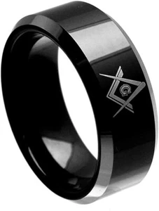 8mm Tungsten Carbide Black Enamel With Masonic Symbol Wedding Band Ring - Picture 1 of 8