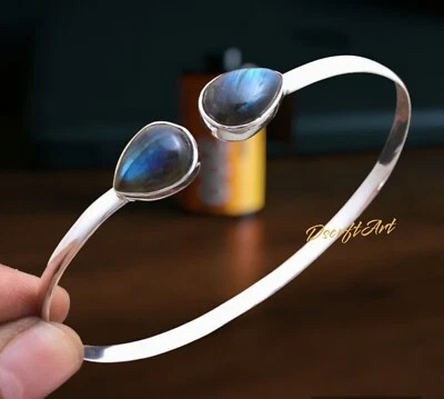 Labradorite Pear Shape Gemstone Adjustable cuff Bangle, 925 Silver Ring - Image 1 of 4