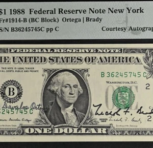 1988 $1 Federal Reserve Note - PMG 58EPQ - Dual Autograph - Ortega / Brady - Picture 1 of 3