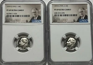 1979 S NGC PF69 ULTRA CAMEO TYPE 1 & TYPE 2 ROOSEVELT DIME 10C 2 COIN SET - Picture 1 of 3