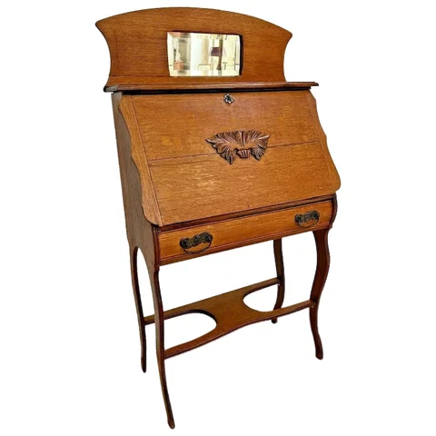 Antique Secretary Desk, Mirror Quarter sawed Oak Locking Door, Key, Bottom Shelf Cover