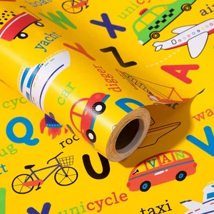 Alphabet & Vehicles Wrapping Paper Roll - Yellow Cars, Planes with Embossed Desi - Picture 1 of 6