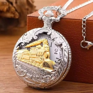 Silber Gold Zug Taschenuhr Steampunk Western Cowboy Geburtstag Weihnachtsgeschenk - Bild 1 von 4
