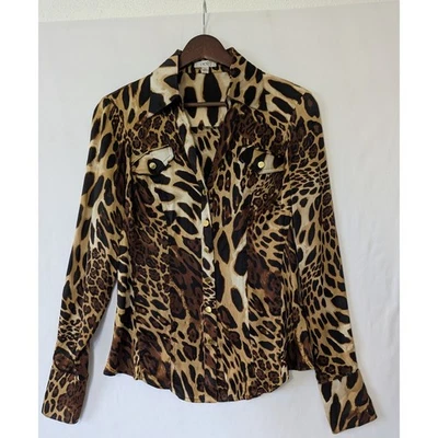 Top marrón vintage años 90 Cache XS estampado de leopardo abotonado esposa mafia mezcla seda Foto 1 de 4