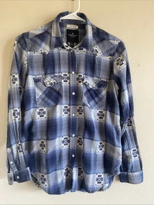 American Eagle Blue Plaid Boho Aztec Western Rodeo Pearl Snap Boyfriend Shirt S - Picture 1 of 10