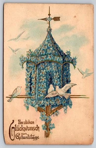 Gold Birdcage, covered in Blue Forget-Me-Not Flowers Happy Birthday Postcard - Picture 1 of 2