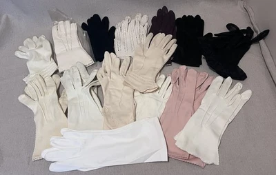 14 Pair Ladies Vintage Short Gloves Lot – Small Size  – White Black Cream Pink - Image 1 of 4